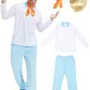 Mviz Adult Halloween Costume for Men 60s Outfit with White Sleeve Shirt Blue Pants Orange Scarf Blonde Wig Mystery Cosplay, Large, 
