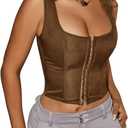SOLY HUX Women's Y2K Vintage Strapless Overbust Corset Top Corset Boned Lace-Up Back Bodyshaper Crop Bandeau Top (Plain Brown), Size XS 