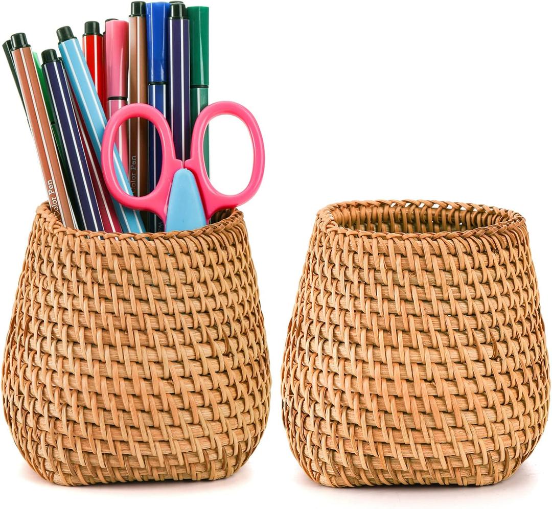 Hacaroa Set of 2 Rattan Pencil Holder for Desk, Handmade Wicker Pen Cup Cute Boho Desk Organizer, Woven Makeup Brush Holder Utensil Container for Home, Office Table Decor