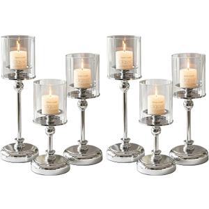 Sliver Hurricane Candle Holders - Set of 6 Tall Candlestick Holders Windproof Taper Candle Holders, Metal Stand for Table Centerpiece Outdoor Indoor Wedding Party Holiday Decor (Silver)