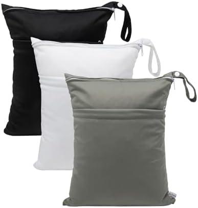 babygoal Wet Dry Bags 3 Pack, Waterproof Reusable Travel Bags for Swimsuits, Baby Cloth Diapers, Beach, Pool, Gym Bag & Wet Clothes with 2 Pockets L-BWG