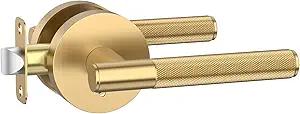 Amerdeco 1 Pack Champagne Bronze Door Handles Interior, Knurled Privacy Door Handles, Heavy Duty Door Lever for Bedroom or Bathroom, Reversible Keyless for Left Right Handed Doors AM0016