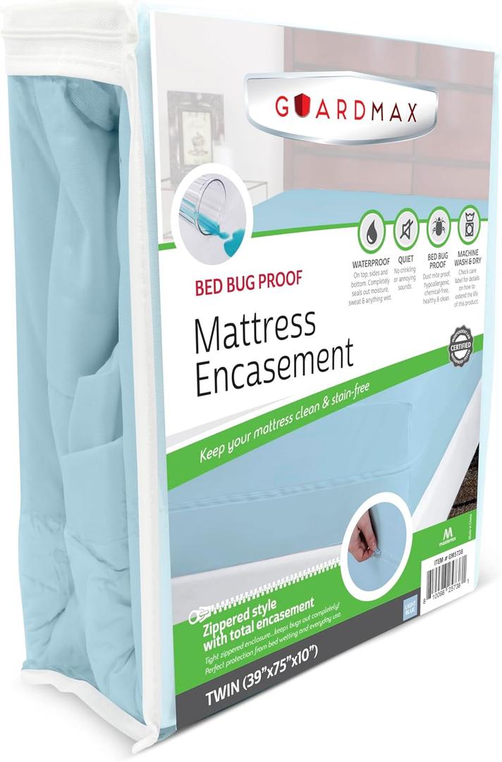 Guardmax Jersey Knitted Twin Zippered Mattress Encasement - Waterproof & Bed Bug Proof Mattress Protector - Comfortable, Soft, and Noiseless Zippered Bedding - Dust Mite Proof (39 x 75 x 10) (Blue)
