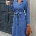 Womens Long Denim Jacket Plus Size Lapel Collar Long Sleeve Trench Coat Button Down Over Knee Tunic Outerwear (Large, Blue)