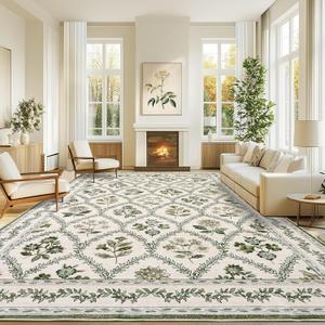 9x12 Olive Green Area Rugs Washable Rug for Living Room Big Bedroom Faux Wool Soft No Slip Floral Emerald Hunter Green and Beige Boho Vintage Extra Large Carpet for Dining Room Under Table 9x12