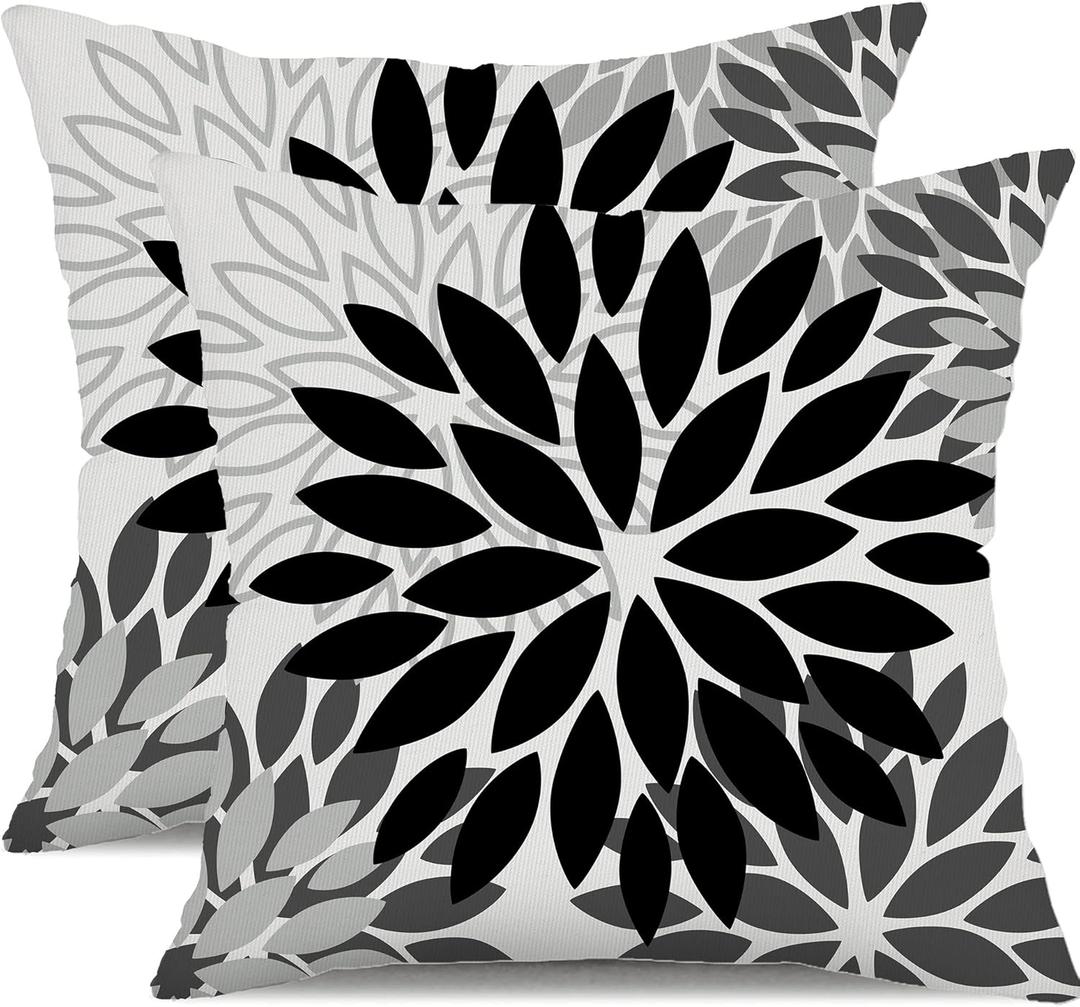 DFXSZ Black Grey Flower Pillow Covers 18x18 Inch Set of 2 White Gray Colored Throw Pillows Outdoor Waterproof Decor for Living Room Sofa Patio Funiture Garden Floral Polyester Pillow Covers 002I18