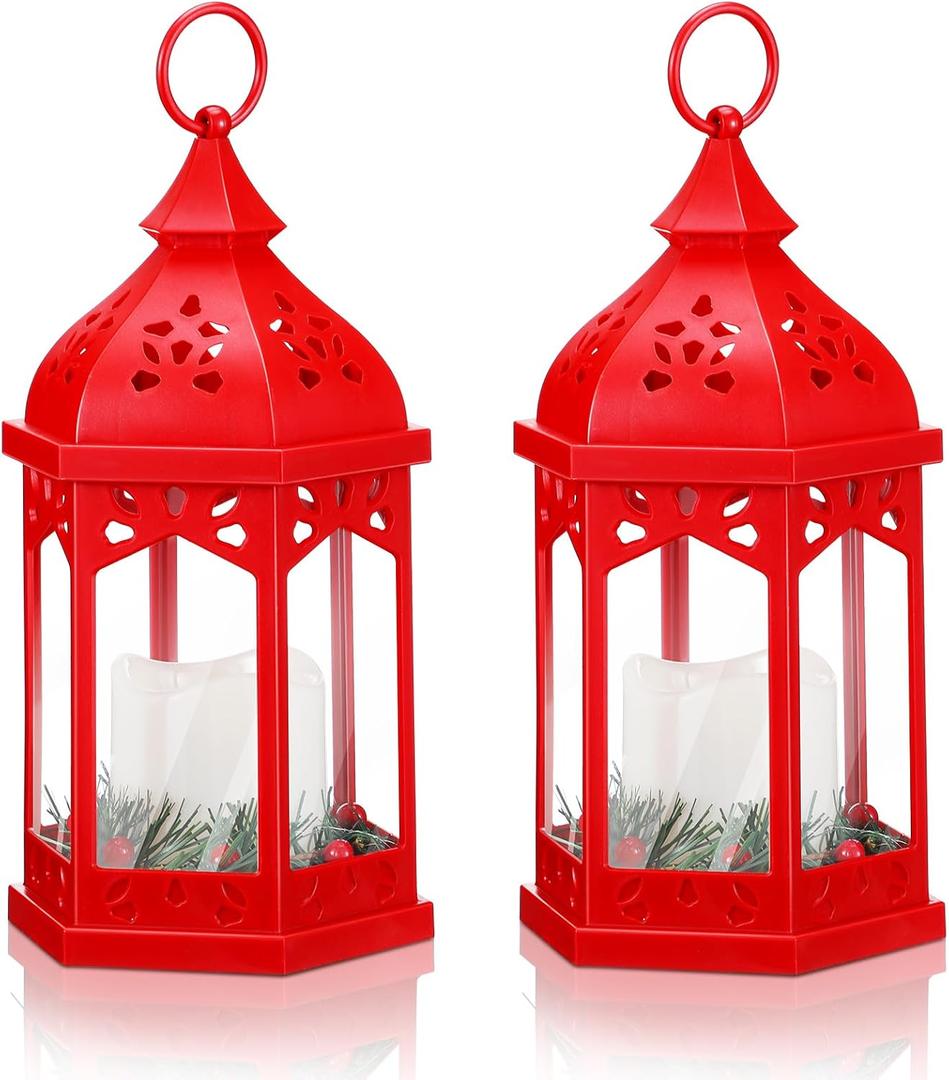 Glooglitter 2 Pack Christmas Lanterns with Warm White LED Lights 11 x 6 Inch Red Christmas Lantern Decor with Holly Berry Pine Hanging Xmas Candle Holder Indoor Outdoor Decorative Table Centerpieces
