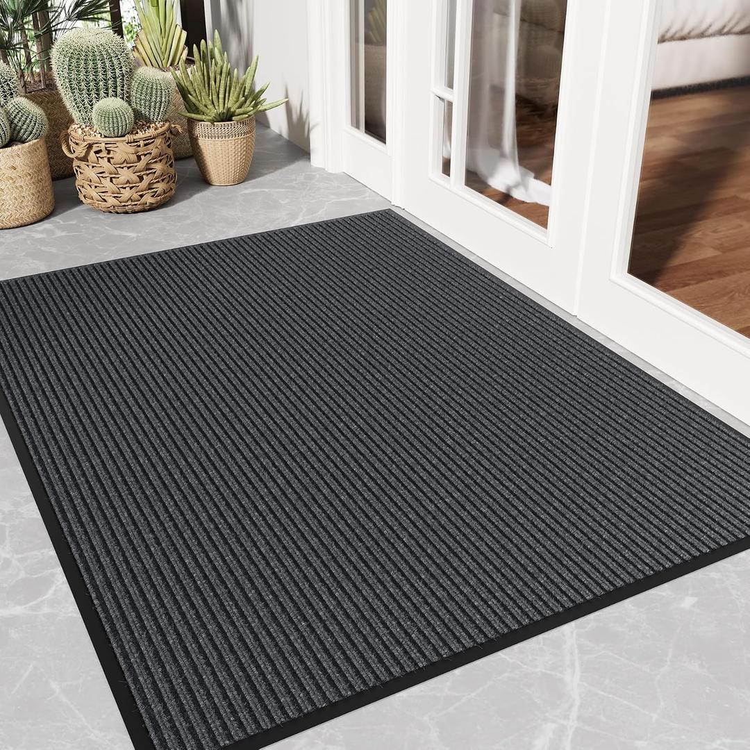 Front Door Mat Outside Entrance, 3' x 4' Low Profile Non-Slip Welcome Mat, Heavy Duty Dirt Trapper Dog Door Mats for Wet Shoes & Paws, Absorbent Commercial Floor Mat for Entryway Patios, Grey
