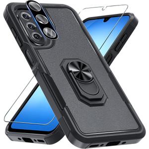 Janmitta for Samsung Galaxy A17 Case with Screen Protector+Camera Lens Protector,Heavy Duty Shockproof Full Body Protective Cover Built in Rotatable Metal Ring Holder Kickstand,Black Matte