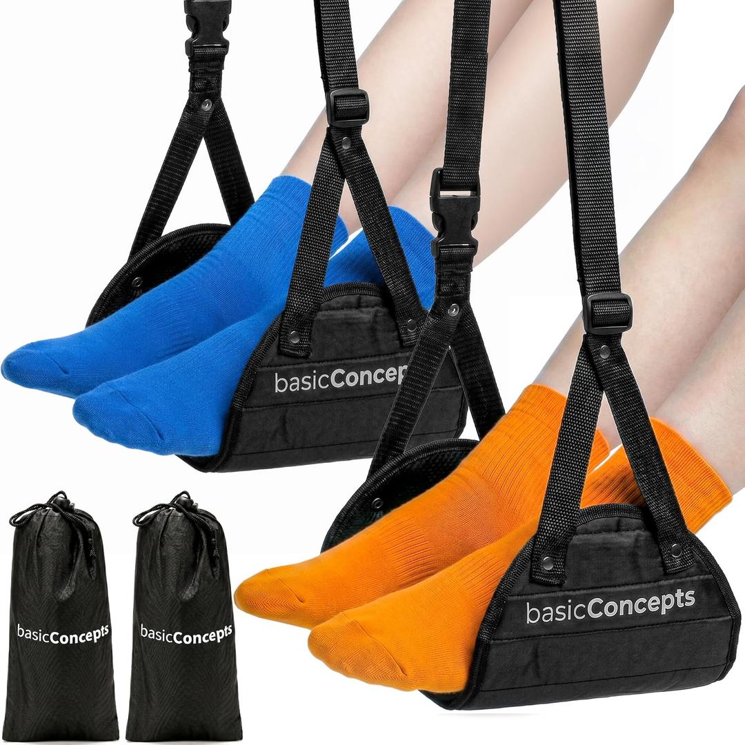 BASIC CONCEPTS Airplane Adjustable Foot Hammock (2 Pack), Perfect or Office Footrest to Relax Your Feet (Memory Foam) - for Travel Accessories, Desk Hammock, Comfy Hanger