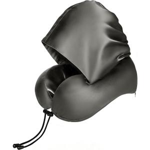 Satin Neck Pillow with Hood Pixie Pillow for Short Hair Sleep Travel | Airplane,Memory Foam,Supportive Neck,Hair Protecting,Hooded Travel Comfort,Long Flight Essential,Lightweight,Grey