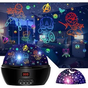 MOKOQI Kid Light Projector Superhero Toys for Boys 57 Avengers Night Light Projector with Timer for Kids Room, 360 Degree Rotation Toddler Nightlights with Spiderman Figurine Star Lamps