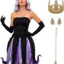 Women 6 Pcs Ursula Costume Octopus Tentacle Dress Shell Necklace Earrings Halloween Mermaid Party Villain Outfit (Black, S)
