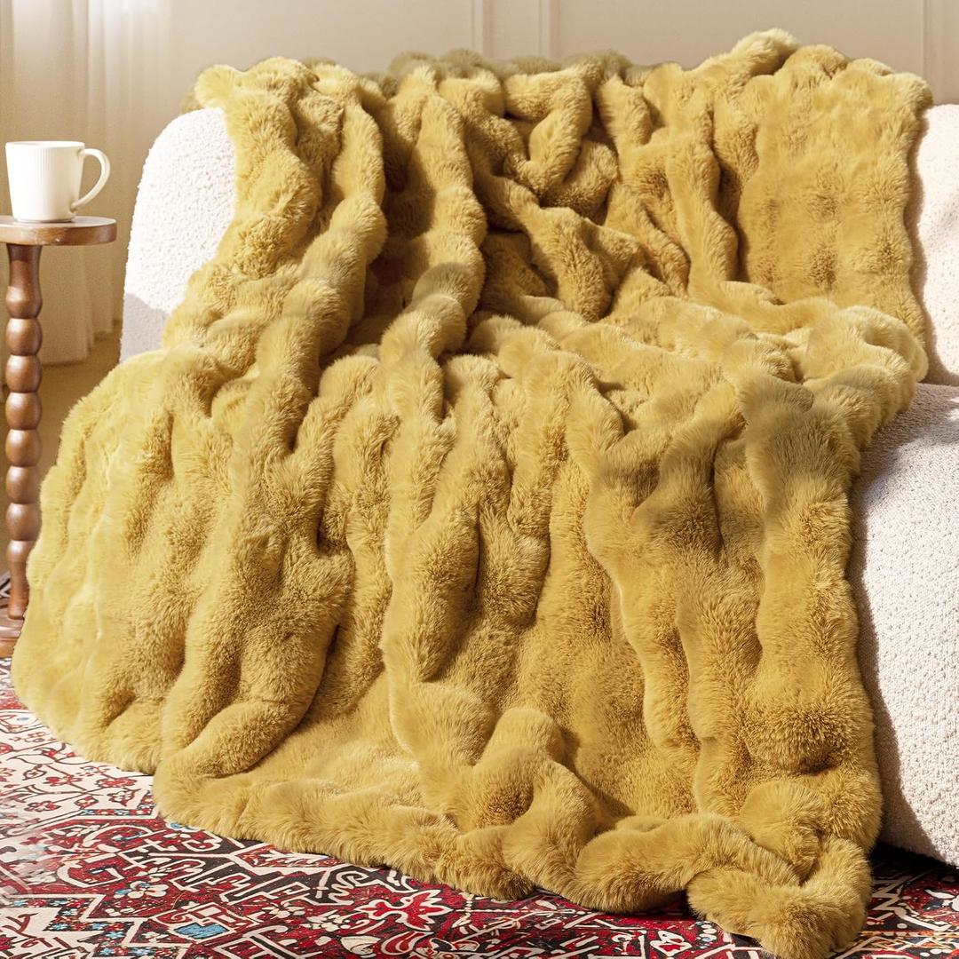 Ultra Soft Cozy Faux Fur Throw Blanket, Fuzzy Plush Thick Bubble Blanket, Oversize Luxury Fluffy Blanket for Couch, Sofa, Bedroom, and Living Room,50x60 Inches, Dark Yellow