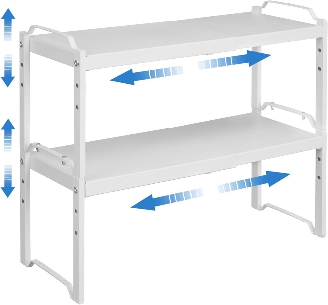 Set of 2 Expandable Kitchen Cabinet Shelves Organizers, Stackable Adjustable Small Storage Shelf Rack Stand For Pantry Cabinet Cupboard Kitchen Counter Organization, 22 lbs Capacity, Length:20.5" (White)