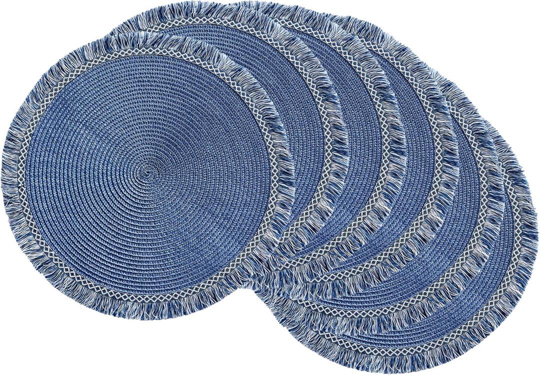 DII Woven Placemat Collection Round, 14.75" Diameter, Nautical Blue Fringe, 6 Piece