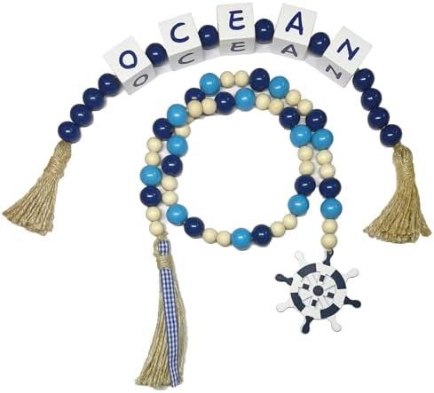 Perfeso.L 2 Pieces Ocean Letter Block Bead Garland with Tassels Wood Bathroom Decor–Blue Nautical Marine Beach Rope Beads Garland Farmhouse Decoration Tiered Tray Table Decor Set