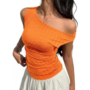 EMMIOL Off Shoulder Tops for Women Cute Sleeveless Polka Dot Shirts Ruched Sexy Going Out Tank Top Y2K Clothes XS