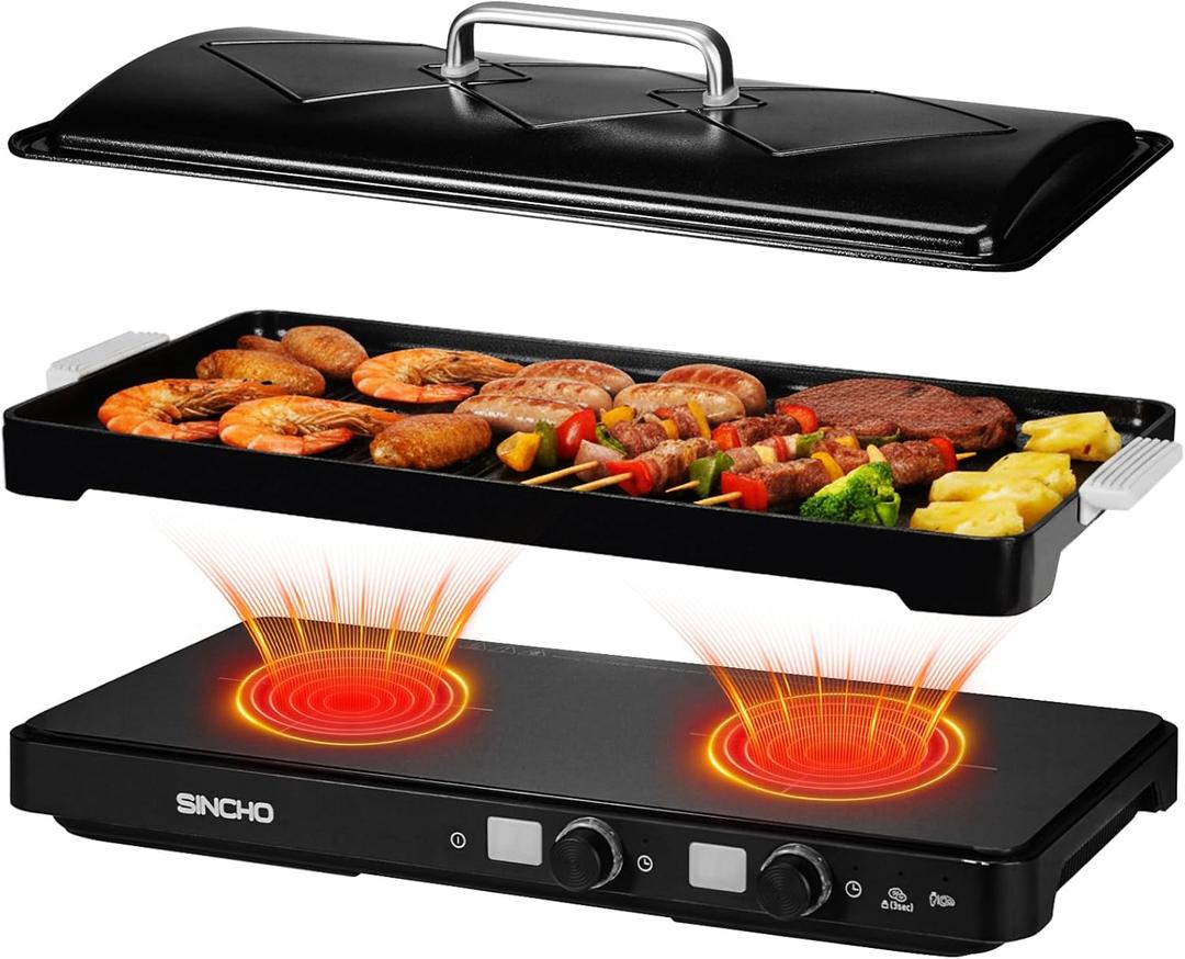 SINCHO 2-Burner Induction Cooktop with Removable Griddle, 1800W Portable Induction Stove, Non-Stick Surface, 9 Power Levels & 99-Min Timer