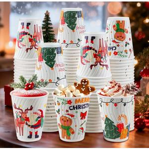 Christmas Coffee Cups 12 oz 75 Pack Corrugated Insulated Ripple Wall Disposable Paper Coffee Cups 12oz, To Go for Hot Beverage or Cold Drinks Office/Home/Cafe/Party/Travel