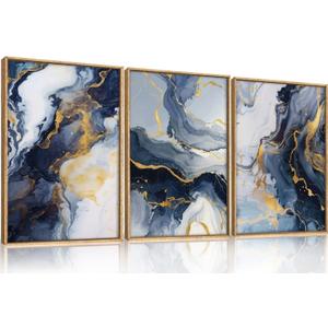 Abstract Navy Blue Framed Canvas Wall Art,Modern Gold Geometric Wall Decor,Vintage Ink Wash Painting,Neutral White Wave Artwork for Living Room,Bedroom,Dining Room,Office - 12"x16"x3