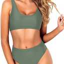 Tempt Me Women Two Piece Scoop Neck Bikini Crop Top Swimsuit Sporty High Waisted Bathing Suit Size M