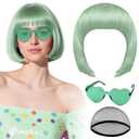 PLULON Gray-Green Wig with Heart Sunglasses and Hair Cap for Women, Short Bob Wigs Synthetic Colored Funny Cosplay Hairpieces for Women Men Neon Bachelorette Halloween Costume Party Decorations