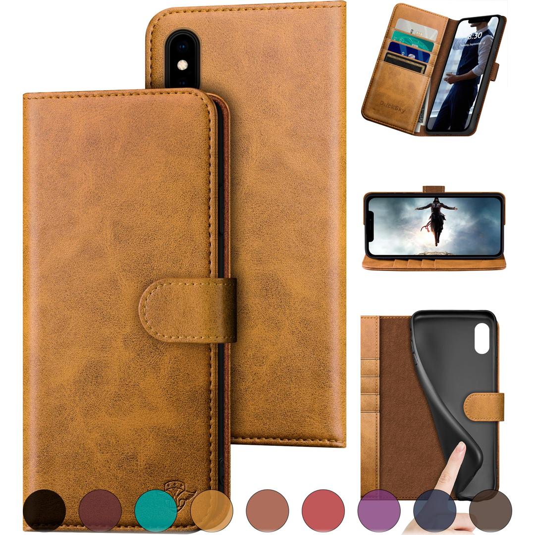 DuckSky for iPhone Xs Max Genuine Leather Wallet case RFID Blocking4 Credit Card HolderReal Leather Flip Folio Book Phone case Protective Cover Women Men for Apple XS Max case Blue Green