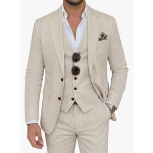 Men's Suit 3 Piece Linen Suits Slim Fit Suit Blazer Vest Pants Set Wedding Prom Tuxedos Business Casual Suit, M