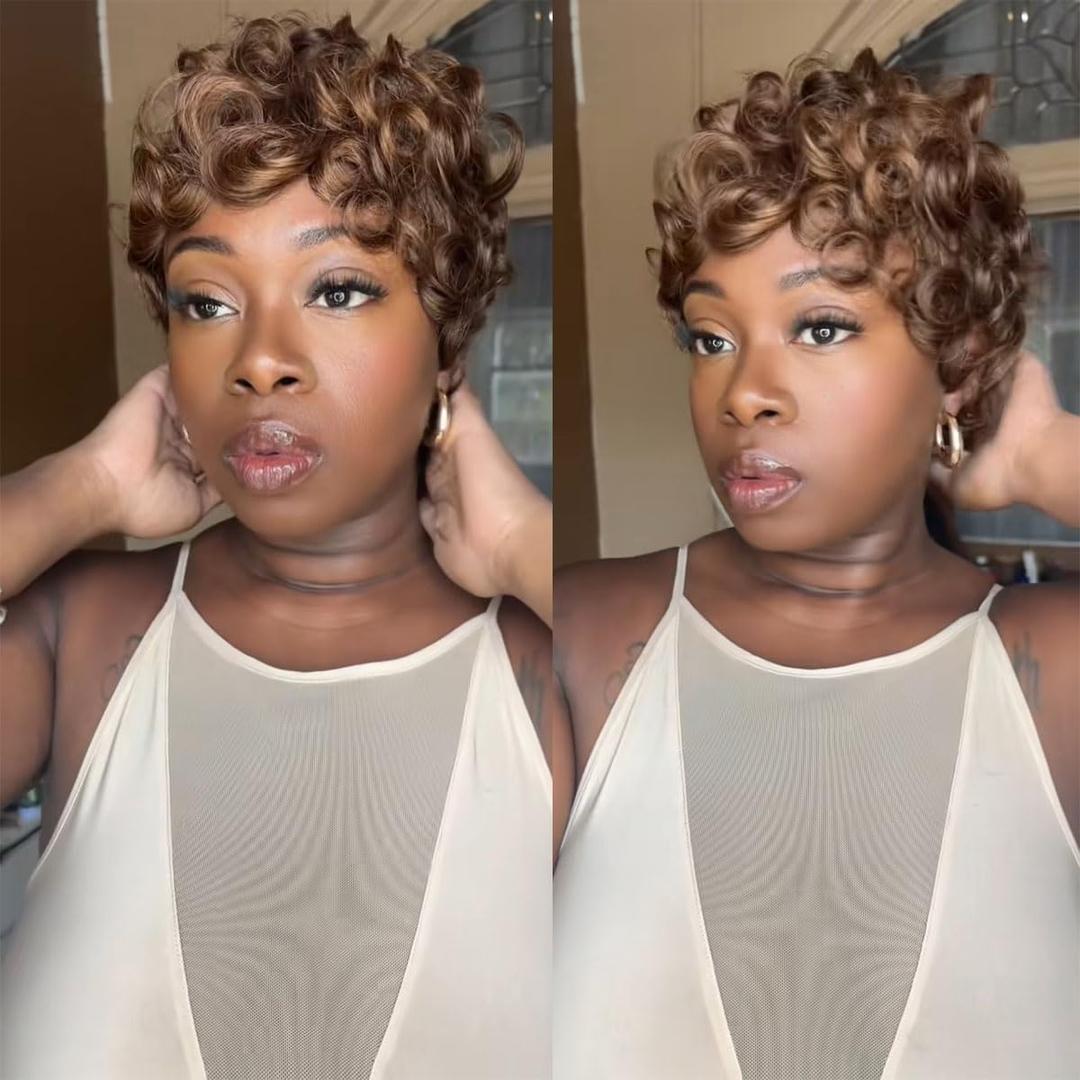 ShowReal Brown Short Wigs Pixie Cut Curly Wigs for Black Women Pixie Cut Human Hair Wigs Short Pixie Wigs 180% Density Wear And Go Gluless Wigs (025-4/30/4)