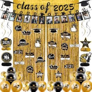 FRAMICS Graduation Decorations 2025, Graduation Banner Class of 2025, Graduations Photo Banner, Tinsel Backdrop Curtains, Ballons & Streamers Kit, Graduations Party Decorations, 82 Pieces, Gold