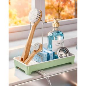Minimalist Sink Caddy, Rustproof Sponge Holder for Kitchen Sink with 304 Stainless-Steel Brush Holder, Countertop Rack Organizer with Raised Ridges & Silicone Drain Tube (Mint Green)