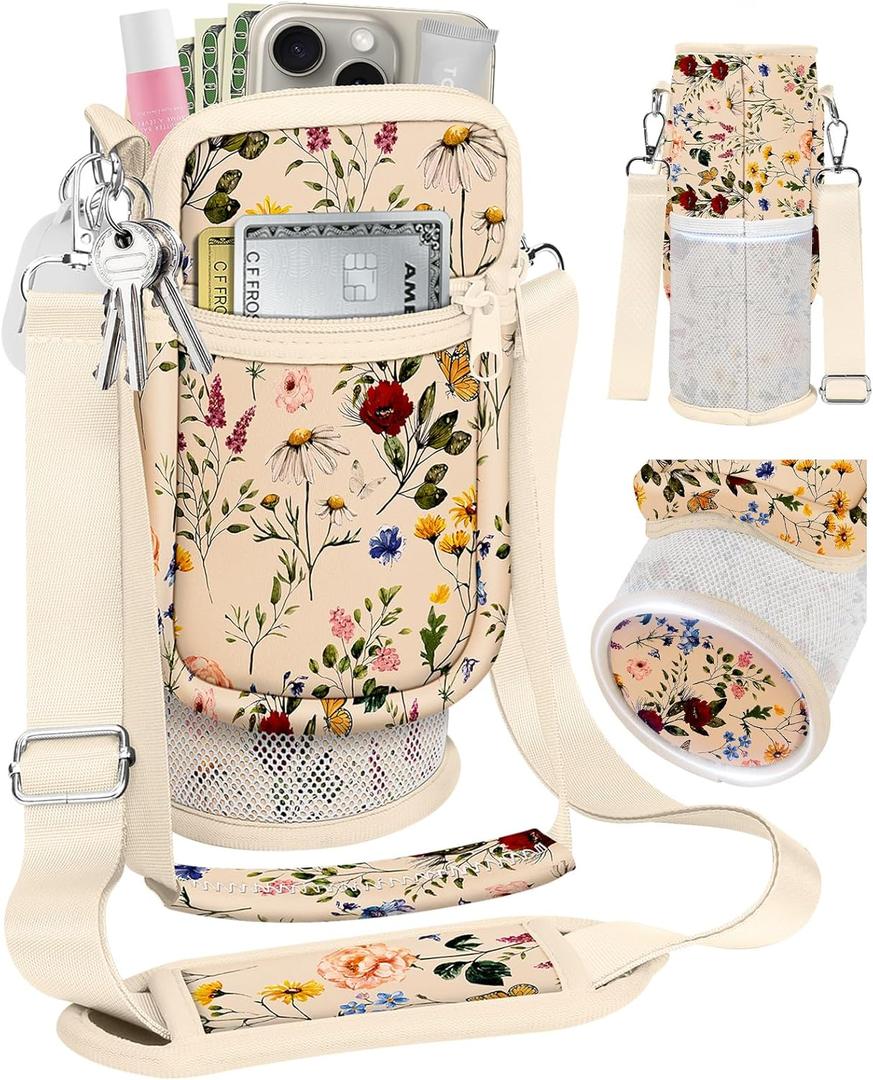 Water Bottle Holder Carrier Bag with Strap - Crossbody Sling for Walking with Phone Pocket Insulated for 32 24 oz (Beige)