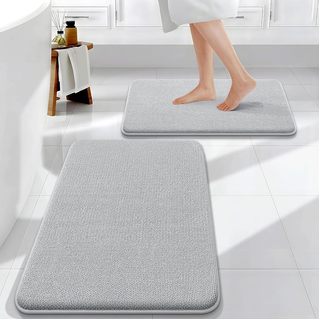 OLANLY Bathroom Rugs Sets 2 Piece, Soft Absorbent Memory Foam Bath Rug Set, Non-Slip, Quick Dry, Machine Washable Bath Mats for Bathroom, Home Decor Accessories (30"x20"+24"x16", Light Grey)