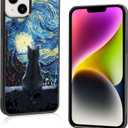 Black Cute Cat iPhone 15 Plus Case - 5.95 Inch Van Gogh Cute Cat iPhone Case, Non-Slip Pattern Design and Shock Absorption, Soft Silica Gel Frame Support Black Phone Case for Teen Girls and Sisters