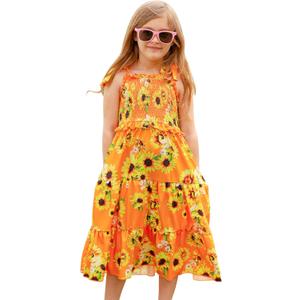 Kids4ever Kids Sunflower Tie Strap Dress Summer Beach Vacation Girls' Casual Dresses Sleeveless Flowy Ruffle Sundress for Girls 7-8 A-line Skirt with Pockets