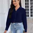 Women's Button Down Shirt Classic Long Sleeve Collared Tops Work Office Chiffon Blouse (Blue, L)