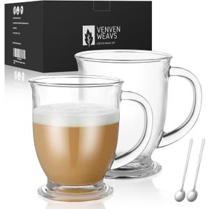 Glass Coffee Mugs Set of 2,15 OZ Lead-free Clear Coffee Cups For Cappuccino,Latte,Tea,Glass Coffee Cups with handles