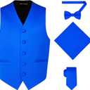 Oliver George 4pc Men's Solid Formal Suit Waistcoat Tuxedo Dress Vest Necktie Bowtie Handkerchief Set for Suit or Tuxedo (XL, Royal Blue)