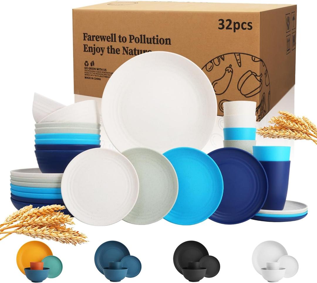 Wrova Wheat Straw Dinnerware Set of 32,Unbreakable Dinner Plates and Bowls Dishes Sets Service for 8,Dishwasher Safe Dinnerware Sets for Kitchen and Camping.Island Series