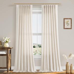 102 Inch Long Curtains Pinch Pleat Linen Curtains for Living Room 2 Panels Set Natural Cream Semi Sheer Light Filtering Boho Neutral 102 Inch Pleated Curtain with Hooks Floor Ceiling Bedroom Window (40"W x 102"L (Pack of 2), Natural Linen)