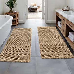 MIULEE Set of 2 Waffle Bathroom Runner Rugs, Boho Bath Rugs Non Slip Washable, Super Absorbent Runner Bath Mats, Rubber Backed Shower Mats for Hallway Bedroom Laundry Room, Brown, 2'x5'(24x60 Inch)