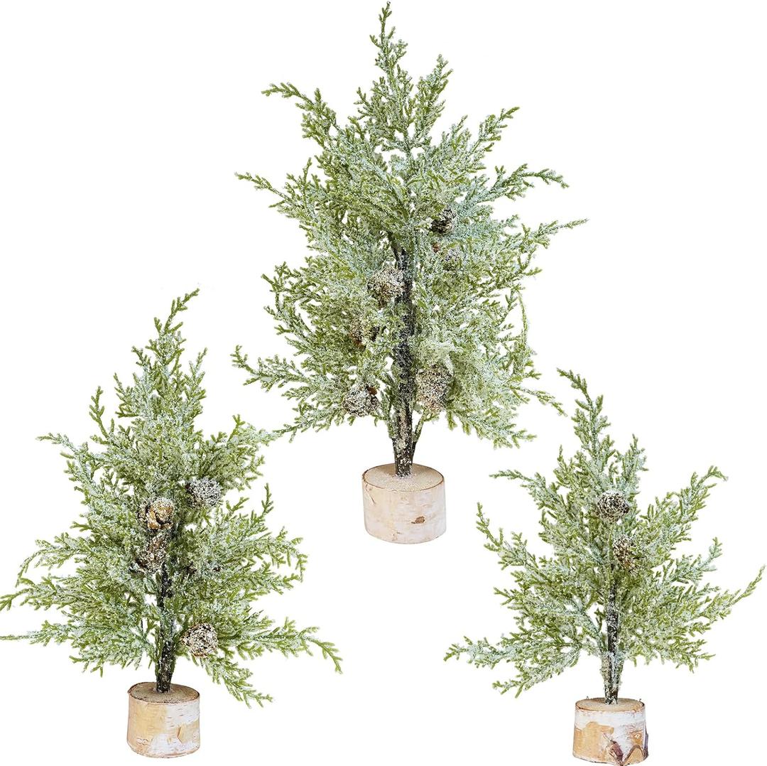 Winlyn 3 Pack Mini Artificial Cedar Trees with Pinecones and Wood Bases Small Tabletop Christmas Trees for Winter Rustic Farmhouse Christmas Holiday Seasonal Indoor Table Centerpiece Desk Decoration