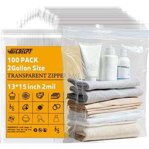 100 Count 2 Gallon Zip Storage Bags 13"15", Reclosable Food Grade 2mil Plastic Zipper Bags for Storage, Packing and Shipping