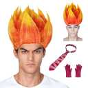 Halloween Angry Fire Costumes Including Flame Wig Like Fire, Hair Cap, Striped Tie, Gloves, Men's and Women's Dress Up
