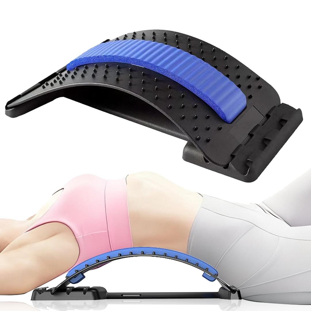 Lumbar support board & Back Stretcher for Lower Back Pain Relief, 4-Level Adjustable Spine Decompression Device for Posture Correction, Portablearched orthopedic back stretcher with acupressure (Blue)