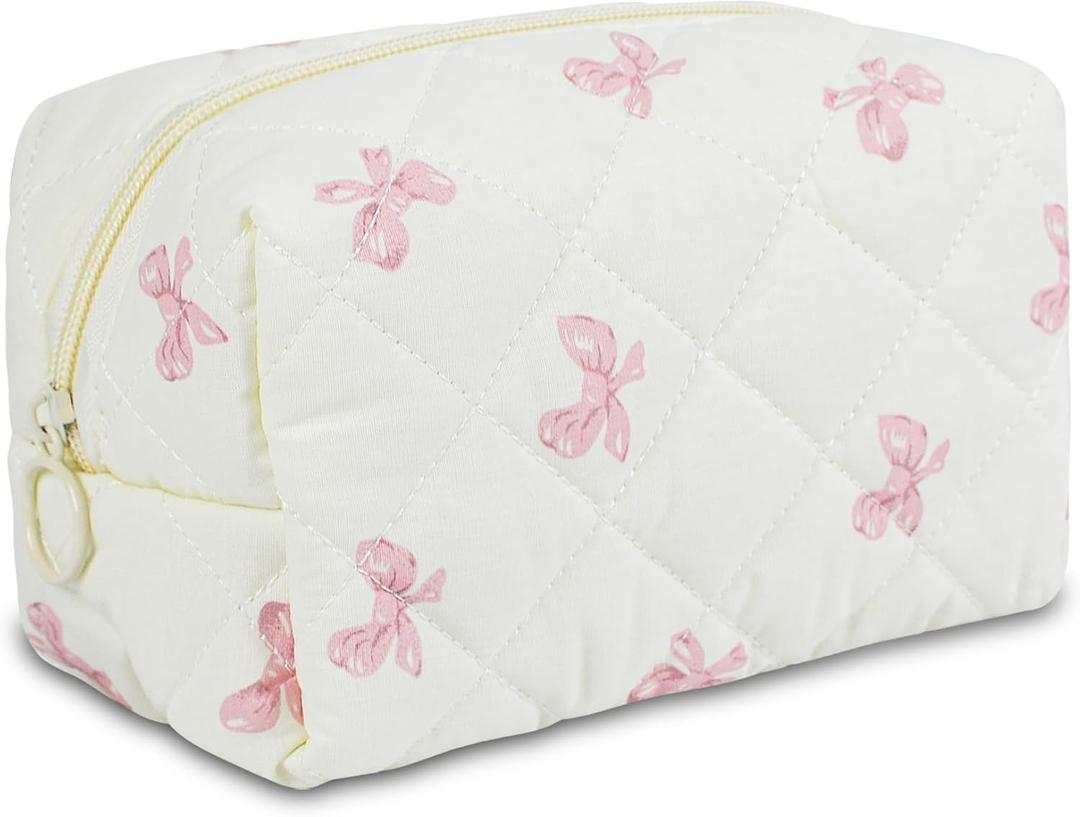 Quilted Makeup Pouch,Cotton Puffy Makeup Bag, Coquette Cosmetic Bag for Women and Girls, Aesthetic Organizer Bag, Cute Flower Travel Toiletry Bag, Pink Bow