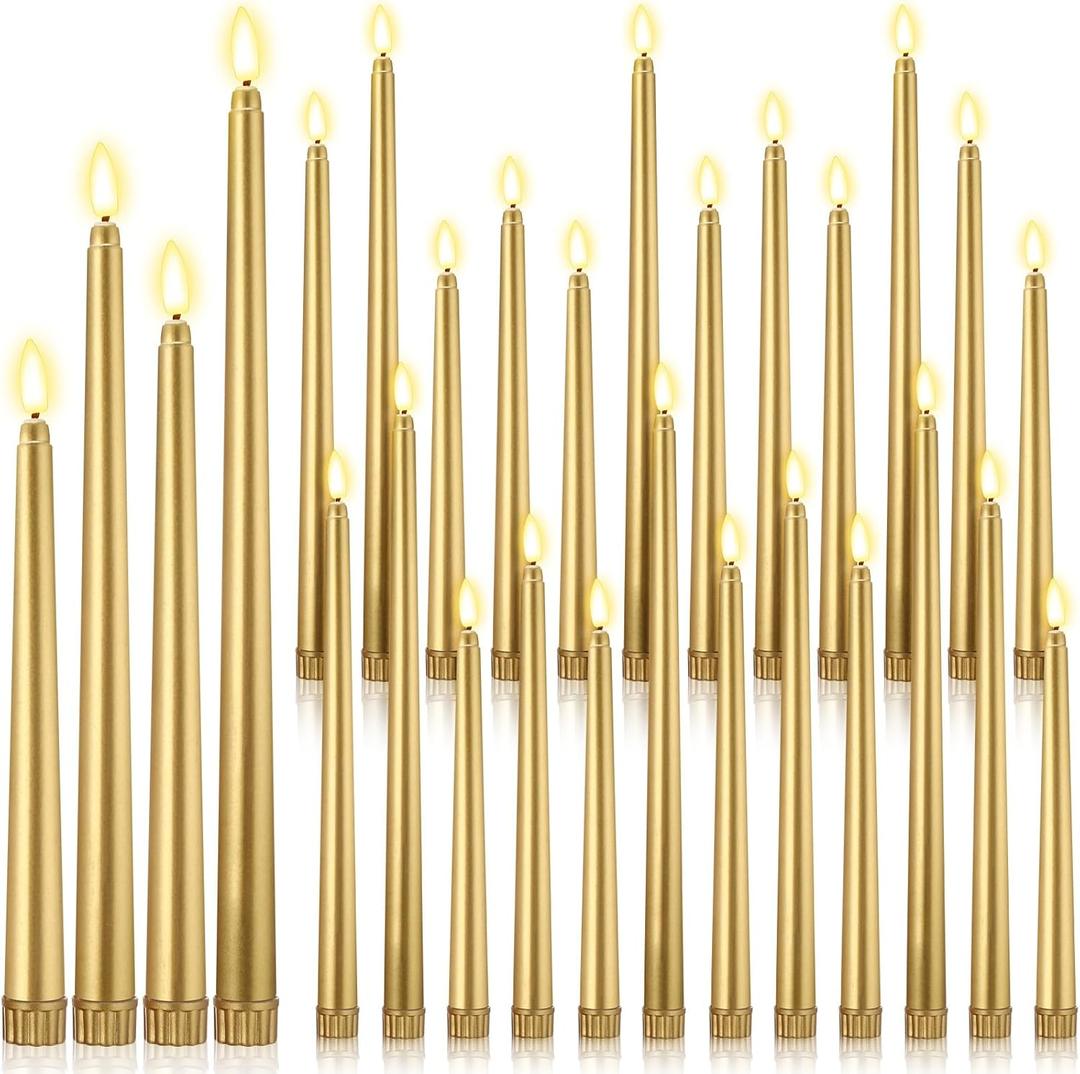 24 Pcs Flameless LED Taper Candles Battery Operated Candles 8.58'', 9.69'', 10.98'', 12.91'', 12.8'' Flameless Candlesticks Flickering for Halloween Christmas Church Wedding(Golden)