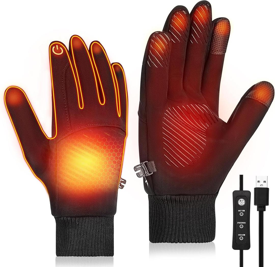USB Heated Gloves, Warm Winter Heated Gloves with 3 Adjustable Temperature Non-Slip Electric Touchscreen Hand Warmers Work Unisex Washable Fleecing Glove for Men Women Outdoor Indoors