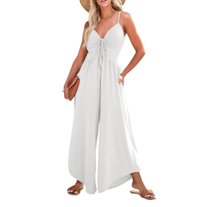 Dokotoo Womens Jumpsuits Spaghetti Straps Ruched Drawstring Knit Wide Leg Romper Casual Jumpsuits with Pockets, S